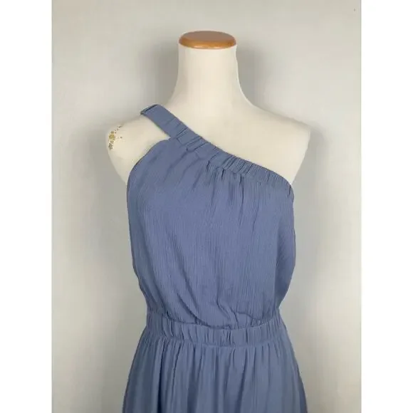 Abercrombie & Fitch One Shoulder Dress Sz Small Tall Crepe Ruched Blue NWT - Picture 2 of 11